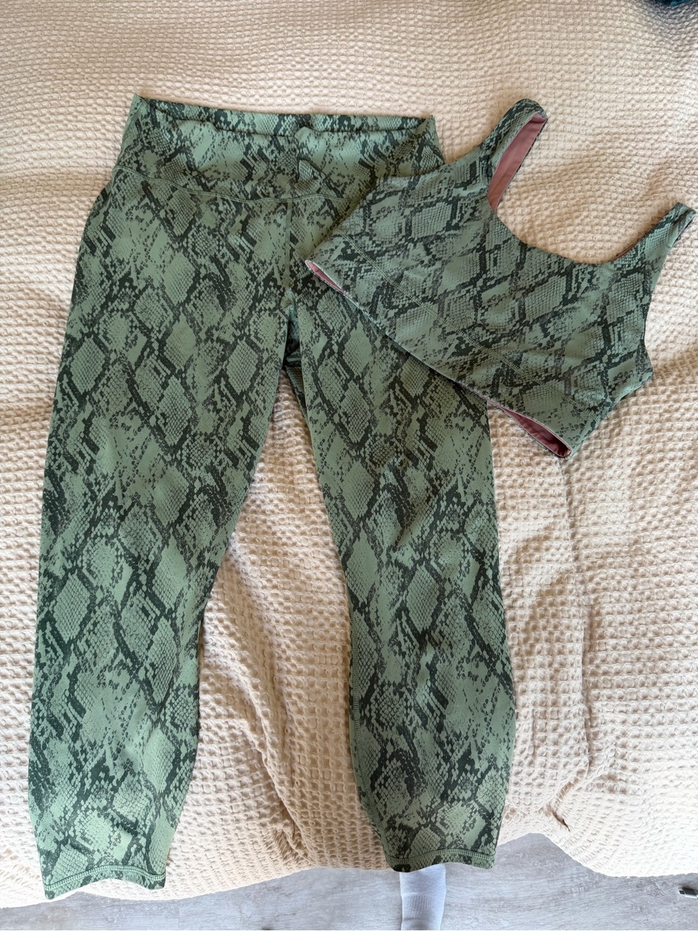 SET- Fabletics Green Snake-Print Leggings & Crop Top Set